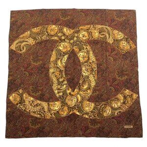 Chanel Scarf Silk CC Logo Paisley Pattern Brown